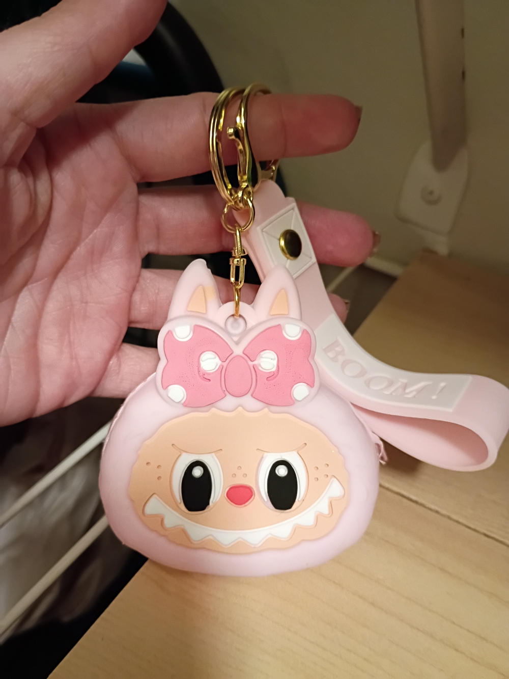 Pink Character Silicone Keychain with Gold Ring